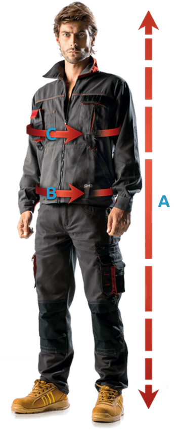 A Dimension hauteur B Dimension tour de taille C Dimension tour de poitrine